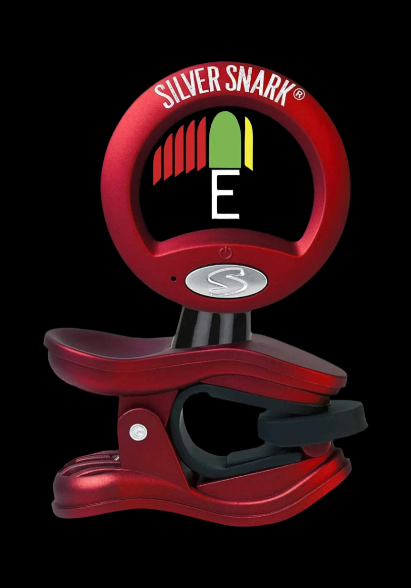Red Silver Snark guitar tuner on a black background