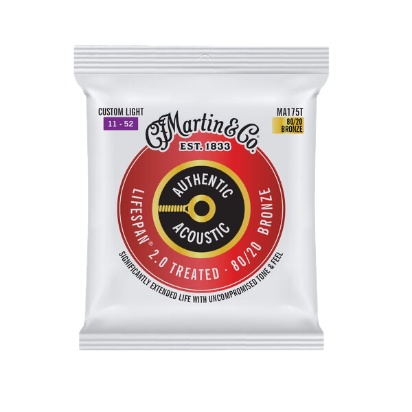 Martin MA175T .011-.052 Authentic Acoustic Lifespan 2.0 Treated 80/20 Bronze Guitar Strings - Custom Light
