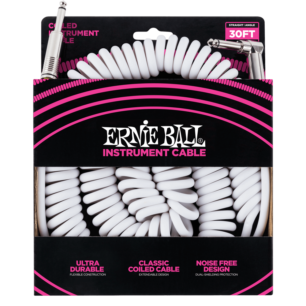 Ernie Ball Coiled Instrument Cable Straight/Angle 30ft - White