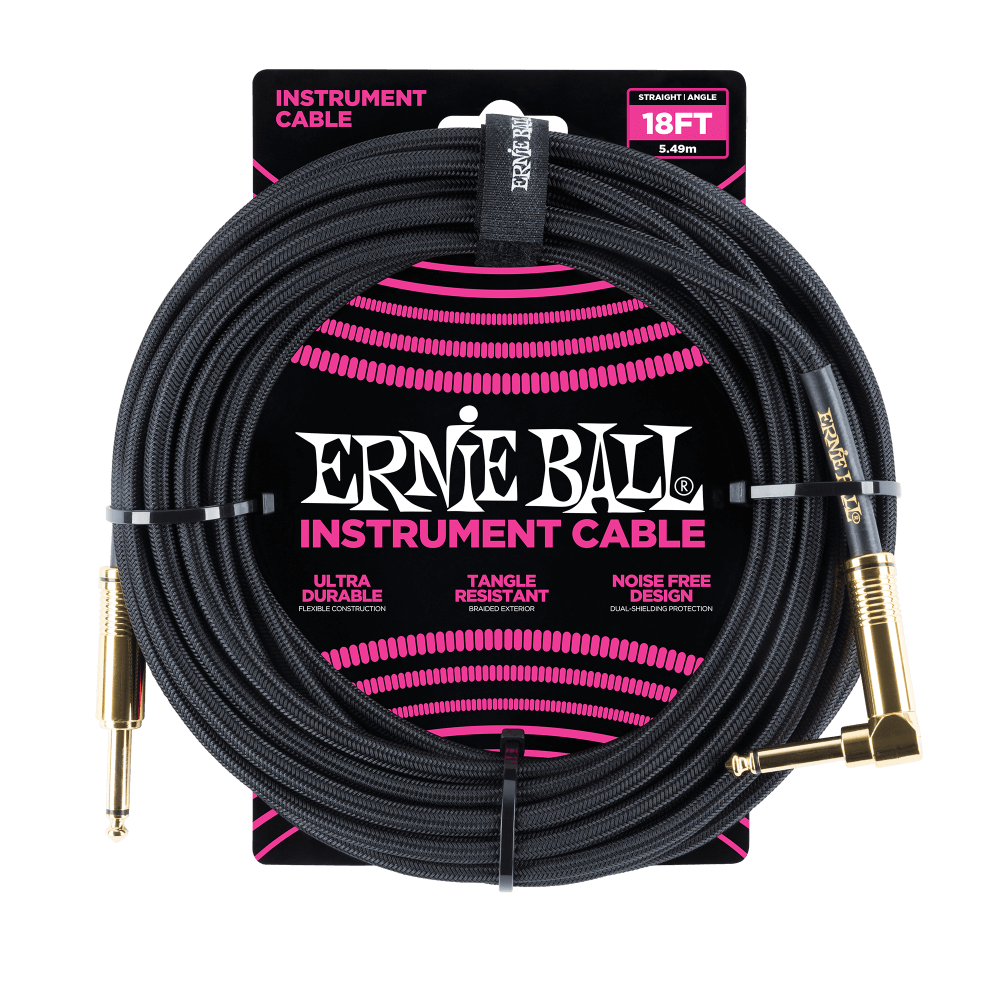 Ernie Ball Braided Instrument Cable Straight/Angle 18 Feet - Black With Gold Connectors