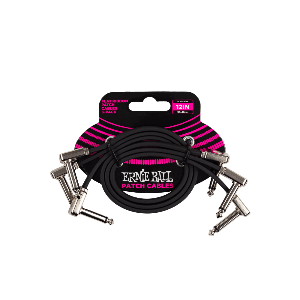 Ernie Ball Flat Ribbon Patch Cable 12in 3 Pack (Black)