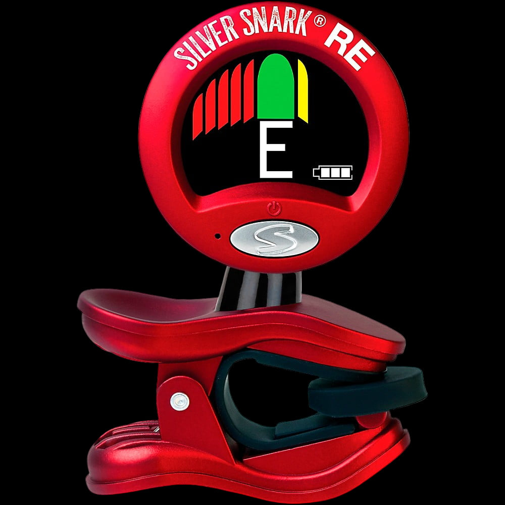 A red Snark Silver RE rechargeable guitar tuner with a digital display showing the letter E.