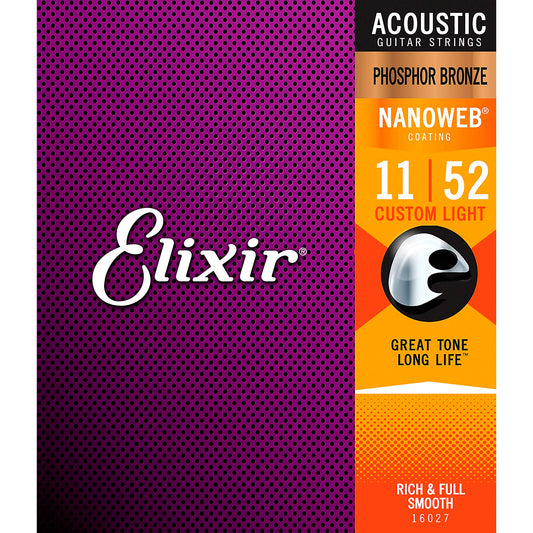 Elixir Acoustic Guitar Strings Phosphor Bronze Nanoweb Custom Light 11-52 - 16027