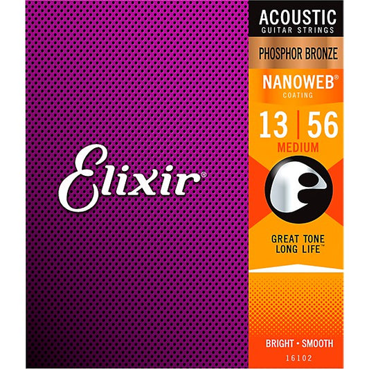 Elixir Acoustic Guitar Strings Phosphor Bronze Nanoweb Medium 13-56 - 16102
