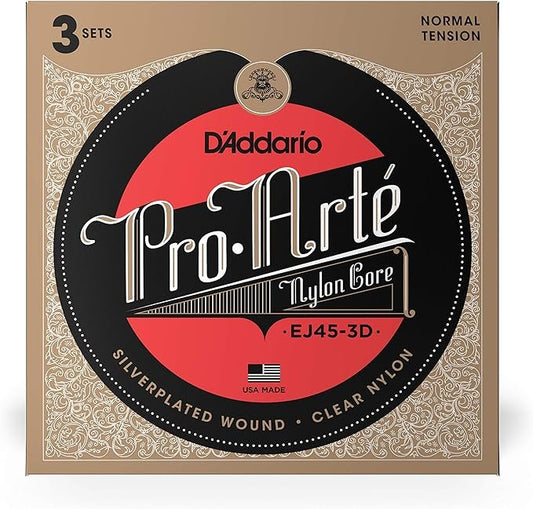 D'Addario Guitar Strings - Pro-Arte Classical Guitar Strings - EJ45-3D - Nylon Guitar Strings - Silver Plated Wound, Nylon Core - Normal Tension, 3-Pack