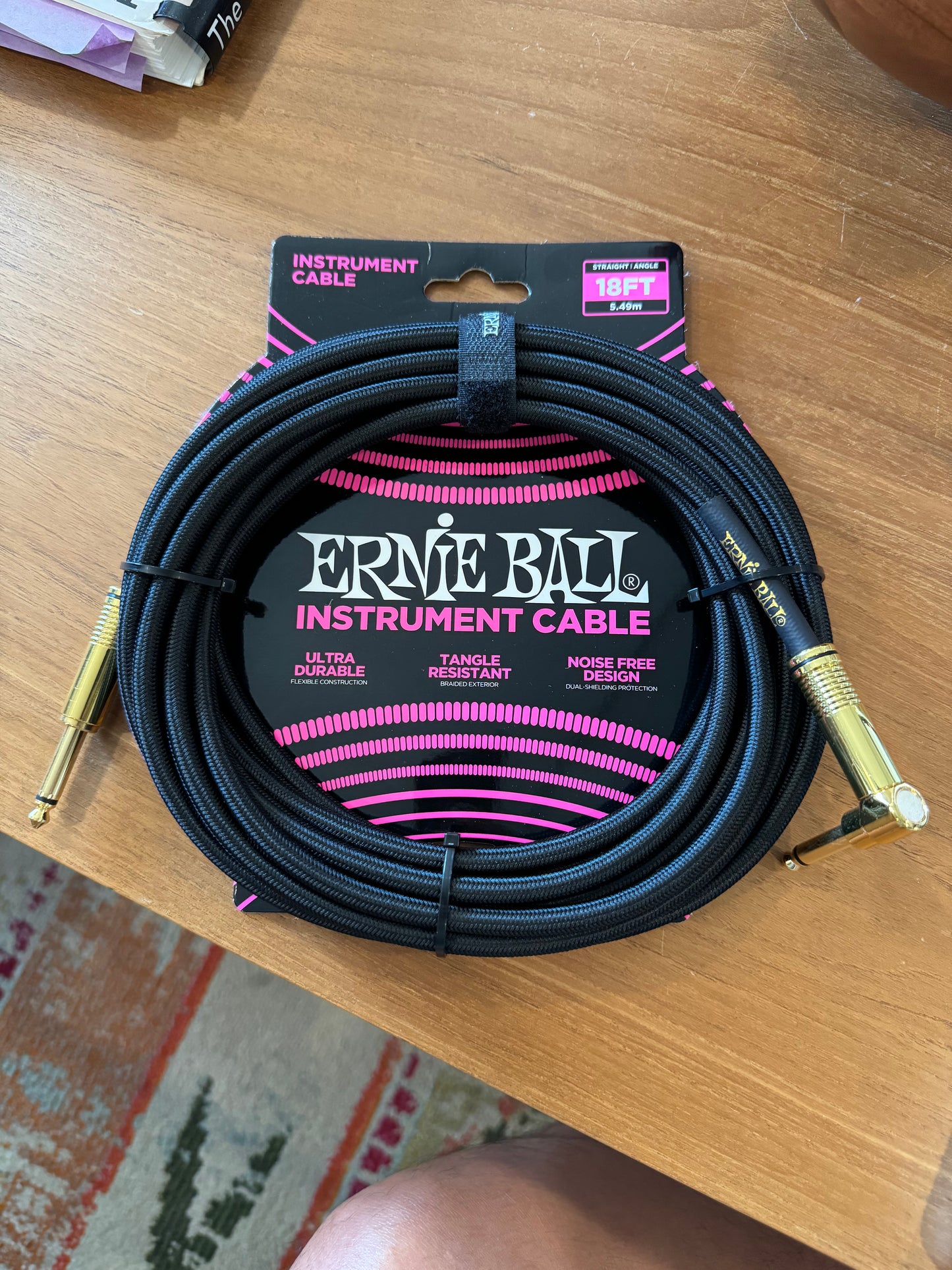 Ernie Ball Braided Instrument Cable Straight/Angle 18 Feet - Black With Gold Connectors