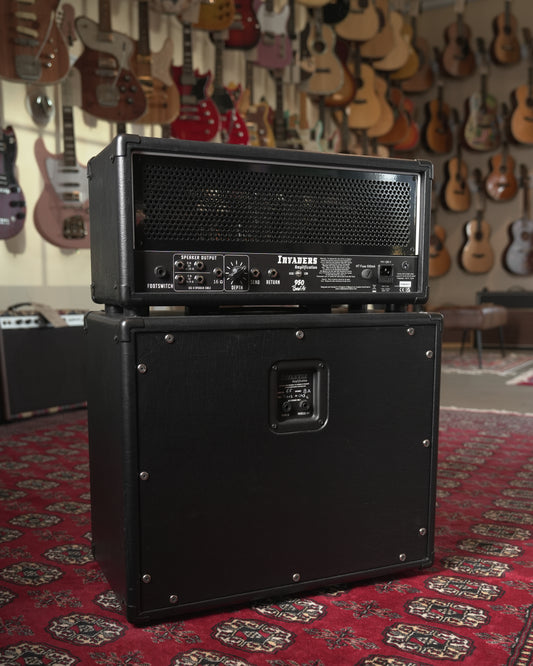 Invaders Amplification 950 Bad'As 50W Tube Guitar Amp Head w/ Series 9 1x12” Guitar Amp Cabinet - Black Taurus