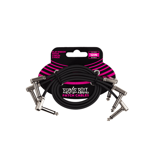 Ernie Ball Flat Ribbon Patch Cable 12in 3 Pack (Black)