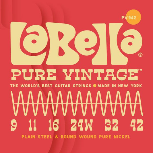 La Bella Pure Vintage Plain Steel & Round Wound Pure Nickel Electric Guitar Strings 9-42 Gauge - PV942