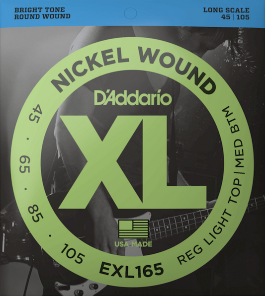 D'addario Nickel Wound  45-105 Regular Light Top/Medium Bottom Long Scale Bass Strings EXL165