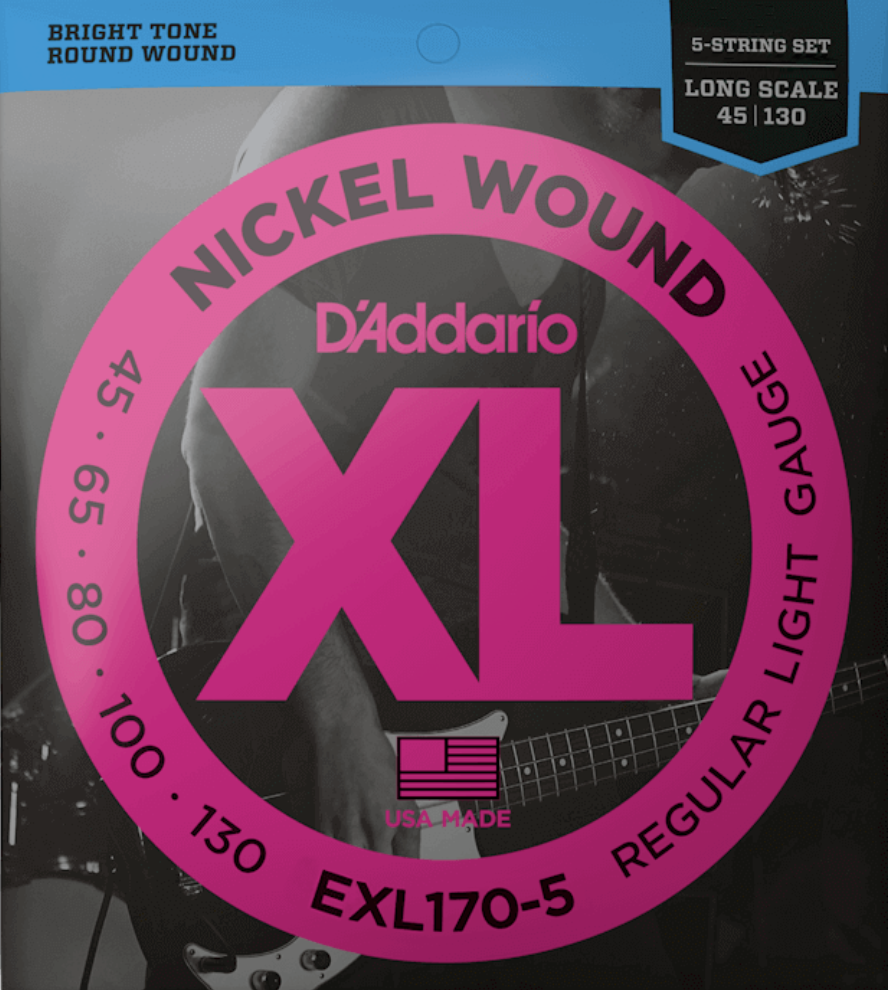 D'addario Nickel Wound 45-130 Regular Light Long Scale 5-String Bass Strings EXL170-5