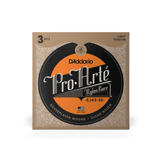 D'Addario Guitar Strings - Pro-Arte Classical Guitar Strings - EJ43-3D - Nylon Guitar Strings - Silver Plated Wound, Nylon Core - Light Tension, 3-Pack