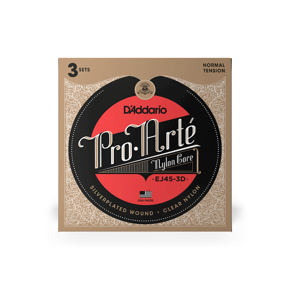 D'Addario Guitar Strings - Pro-Arte Classical Guitar Strings - EJ45-3D - Nylon Guitar Strings - Silver Plated Wound, Nylon Core - Normal Tension, 3-Pack