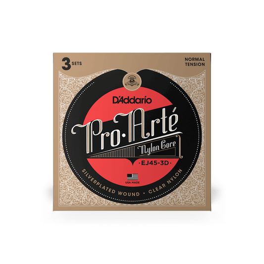 D'Addario Guitar Strings - Pro-Arte Classical Guitar Strings - EJ45-3D - Nylon Guitar Strings - Silver Plated Wound, Nylon Core - Normal Tension, 3-Pack